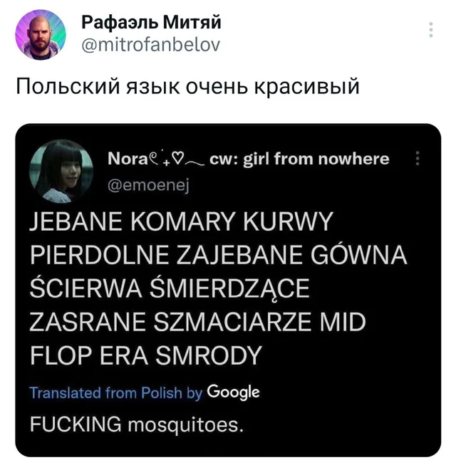 Скриншот твита с похвалой польского языка над скриншотом твита с матом на польском и переводом