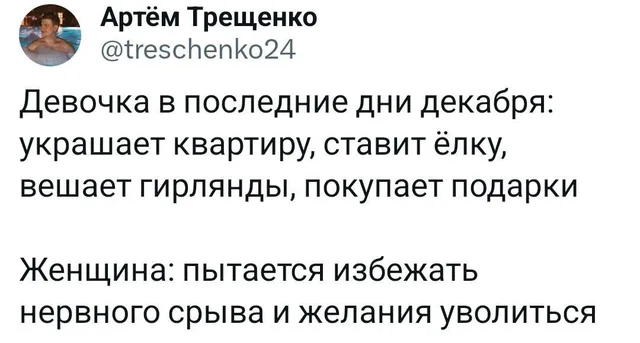 Скриншот твита с текстом, сравнивающим поведение девочки и женщины в последние дни декабря — Артём Трещенко (автор поста)