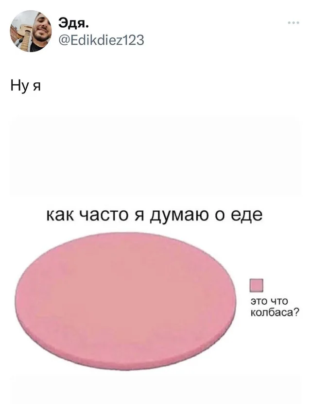 Статичное изображение диаграммы, где 100% круга занимает один цвет, обозначающий мысли о еде, а крошечный фрагмент (почти невидимый) подписа
