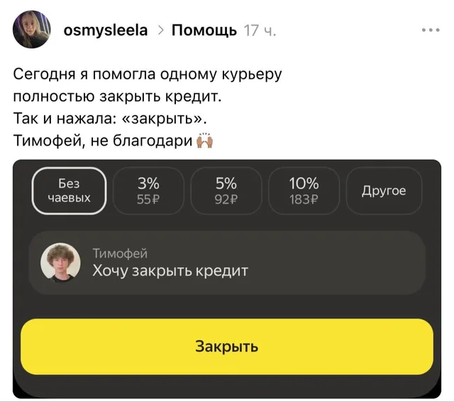 На скриншоте выделена кнопка «Закрыть» в интерфейсе чаевых, которая по смыслу приложения означает закрытие окна, а не финансовую операцию. —