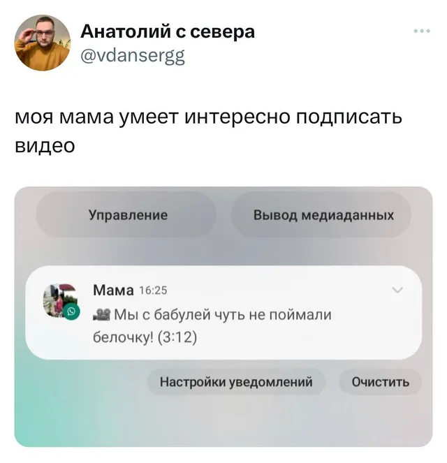 Скриншот твита с текстом и вложенным изображением уведомления от мамы с WhatsApp