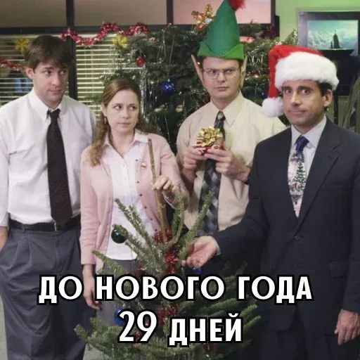 Персонажи стоят неподвижно, Майкл Скотт слегка касается ветки елки рукой. — Рэйн Уилсон, Майкл Скотт