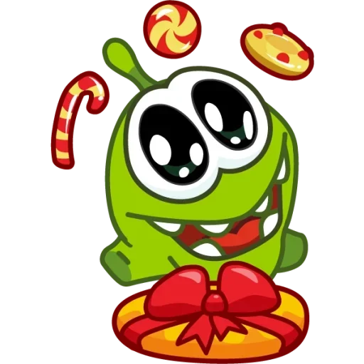 Om Nom радуется подарку и сладостям