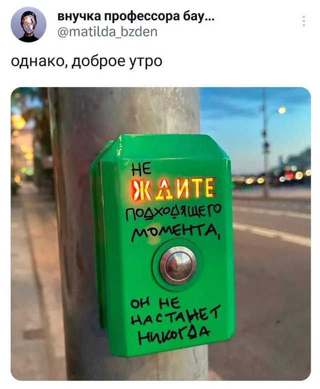 Статичное изображение кнопки светофора с надписью. — автор поста @matilda_bzden