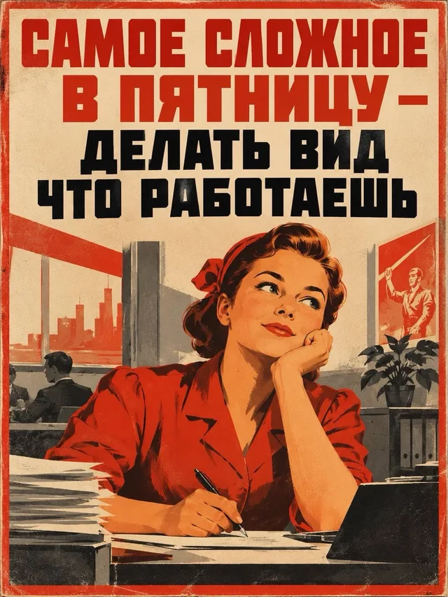 Женщина сидит за столом в задумчивой позе, имитируя бурную деятельность перед выходными — женщина в офисе
