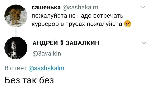 Статичное изображение переписки, состоящее из двух сообщений. — автор поста сашенька, автор ответа АНДРЕЙ ⚕️ ЗАВАЛКИН