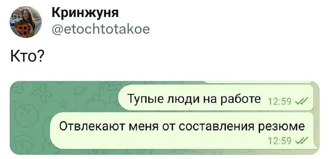 Скриншот твита с вопросом «Кто?» и вложенным скриншотом переписки в WhatsApp с жалобой на коллег — Автор поста Кринжуня, Автор сообщения в ч