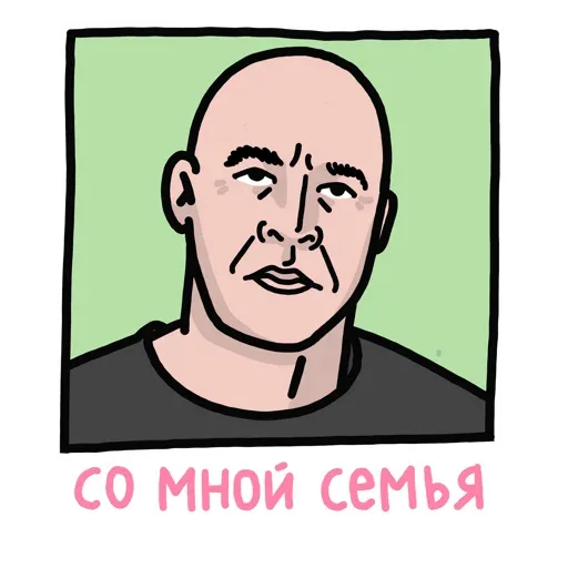 Статичное изображение, персонаж просто смотрит в камеру. — лысый мужчина в серой футболке