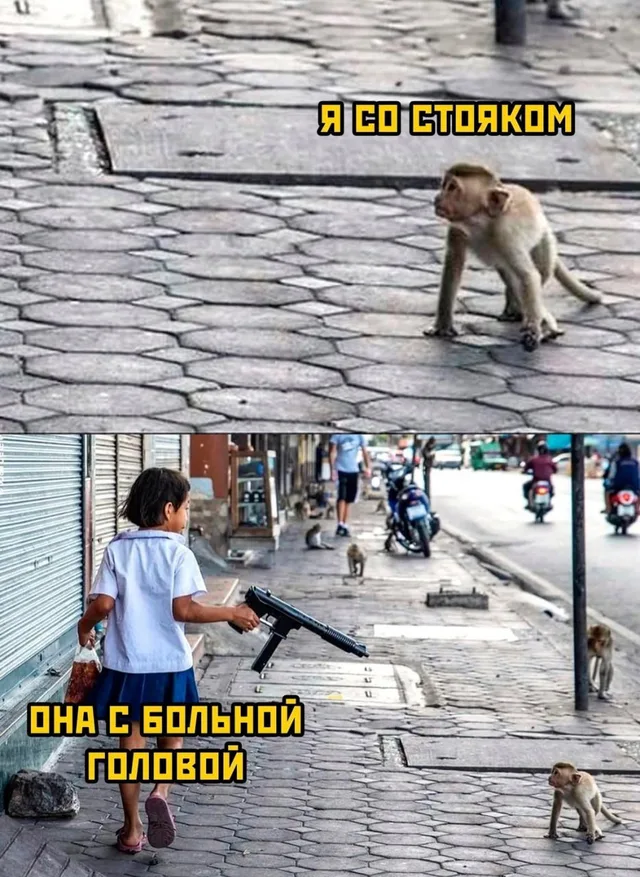 Девочка идет по улице с игрушечным оружием, обезьяны сидят на тротуаре. — девочка в школьной форме