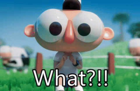 Мультяшный персонаж с огромными глазами и надписью What?!!