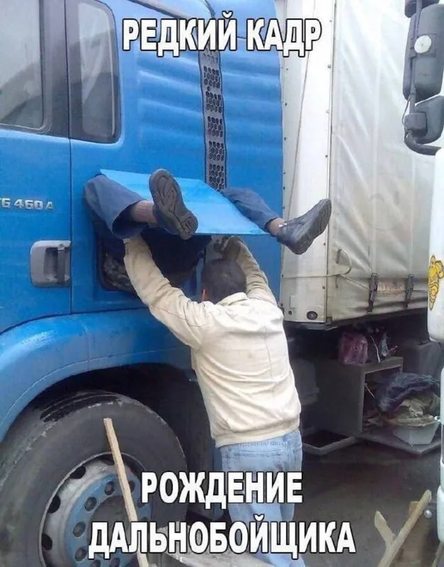 Один человек удерживает другого за ноги, пока тот находится внутри технического отсека или кабины грузовика. — мужчина в светлой куртке, чел