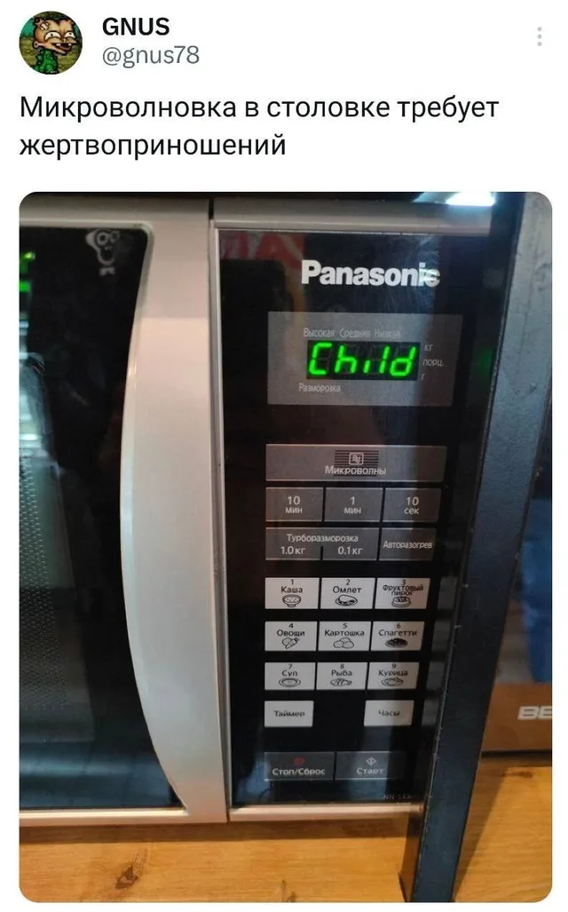 Фото панели управления микроволновкой Panasonic, на дисплее горит зелёная надпись 'Child' — Автор поста GNUS