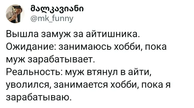 Скриншот твита с текстом про замужество за айтишником. — Автор поста (женщина, судя по тексту)
