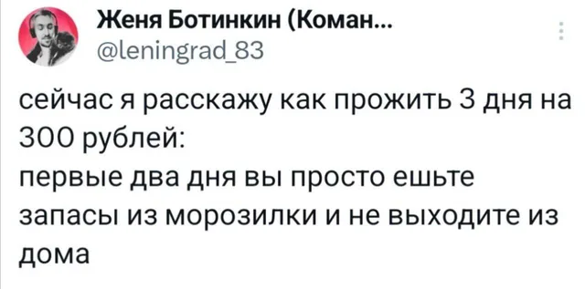 Скриншот твита с текстом о том, как выжить на маленькую сумму денег, используя запасы из морозилки.