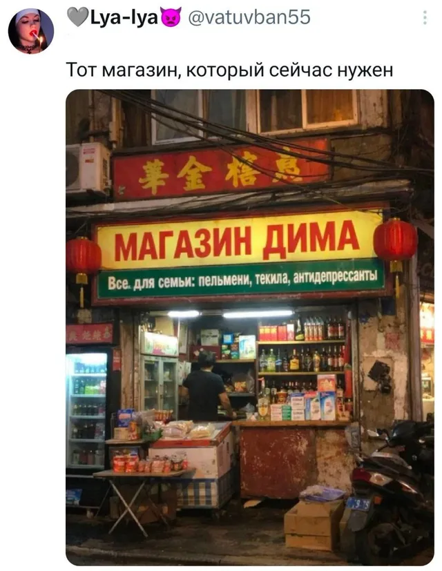 Статичное изображение магазина с вывеской, на которой написан список товаров: пельмени, текила, антидепрессанты. — автор поста