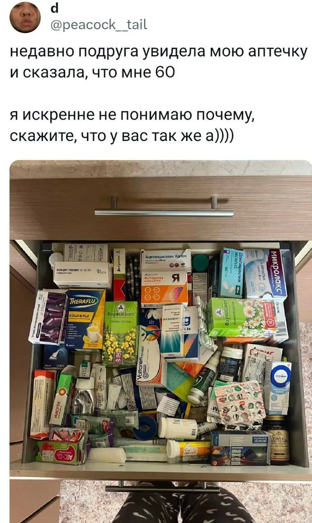 Фотография открытого ящика с медикаментами, снятая сверху. — автор поста