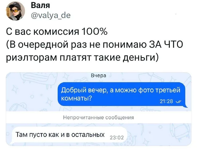 Статичное изображение, демонстрирующее переписку с риэлтором, где на вежливый вопрос следует максимально ленивый и бесполезный ответ. — авто