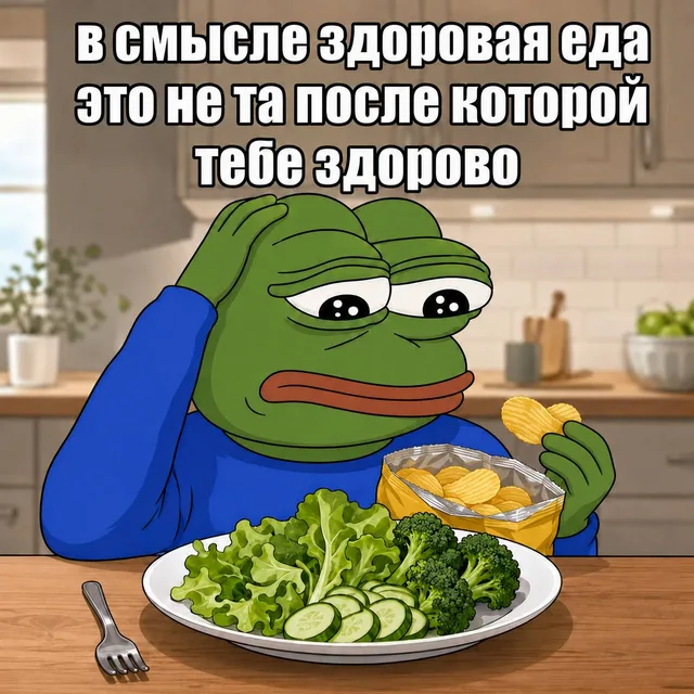 Пепе держится за голову одной рукой, другой рукой держит чипсы над тарелкой с зеленью