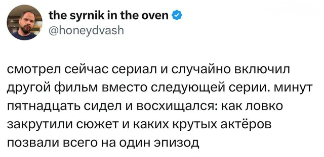 Скриншот текстового поста из социальной сети (вероятно, Twitter/X). Текст описывает забавную ситуацию при просмотре сериала. — the syrnik in