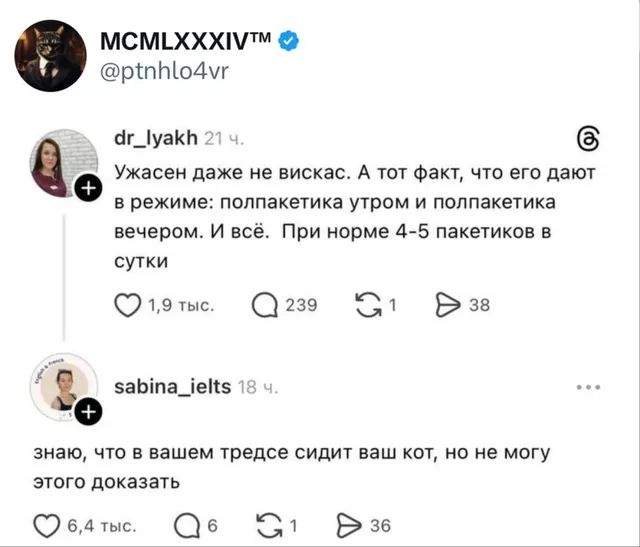 Кот пишет в тредс про норму вискаса