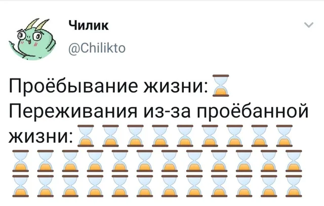Текст поста сравнивает количество времени, потраченного на бездействие, с количеством времени, потраченного на рефлексию об этом бездействии