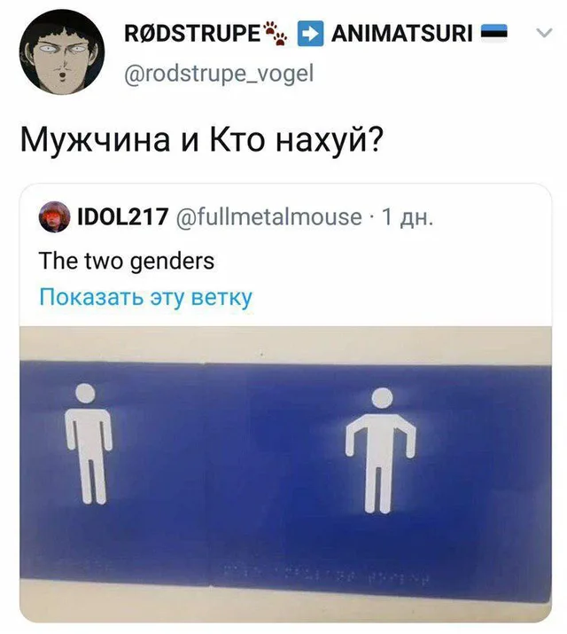 Скриншот твита с подписью 'The two genders' и картинкой, где рядом стоят стандартный мужской значок туалета и его искаженная версия с опущен
