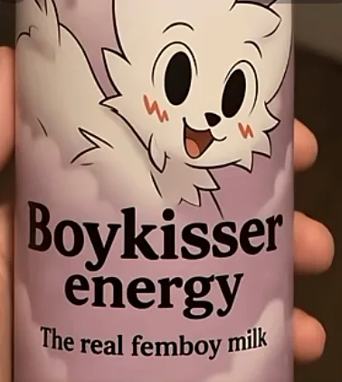 Рука показывает банку крупным планом с надписями «Boykisser energy» и «The real femboy milk» — персонаж Boykisser на банке