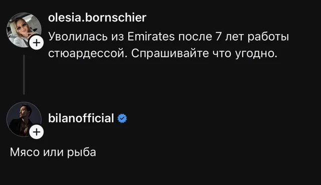 Статичное изображение переписки, где на серьезный пост о смене карьеры следует максимально приземленный и стереотипный вопрос. — bilanoffici