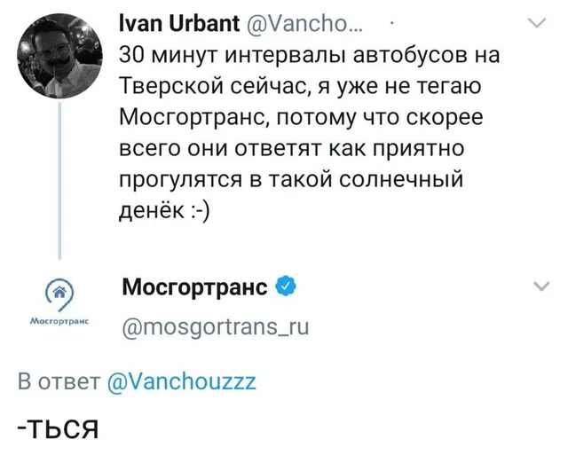 Пользователь пишет жалобу на интервалы автобусов, официальный аккаунт отвечает исправлением грамматической ошибки в слове «прогулятся». — ав