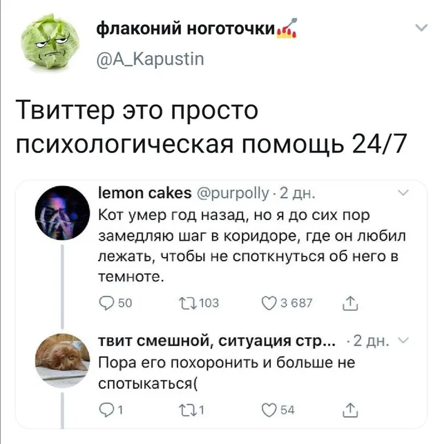 Статичное изображение переписки в социальной сети. — автор поста с ником @A_Kapustin, автор комментария с ником @purpolly, автор ответа с ни