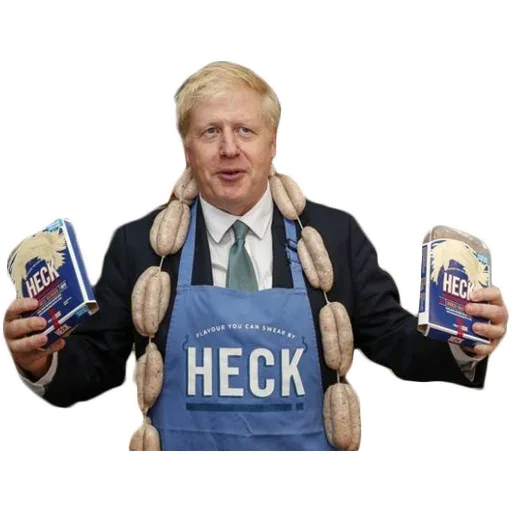 Мужчина стоит неподвижно, демонстрируя товар (сосиски) в руках и на шее. — Борис Джонсон