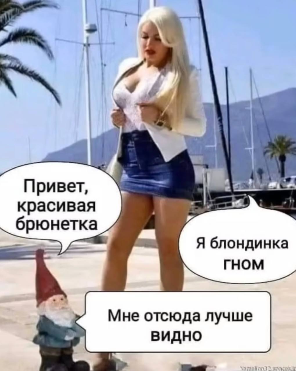 Гном поправляет блондинку