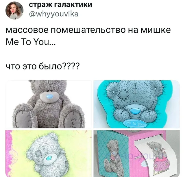 Статичное изображение, коллаж из твита и четырех фотографий игрушечного медведя. — автор поста @whyyouvika