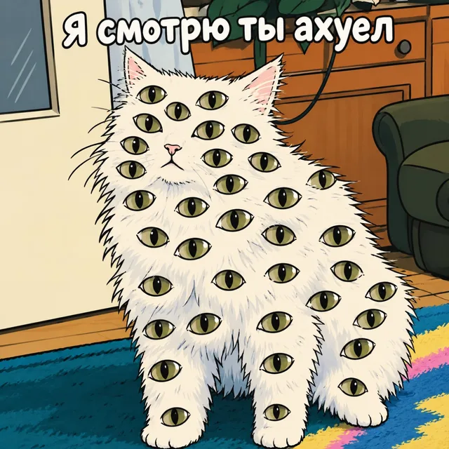 Кот стоит неподвижно и смотрит прямо в камеру — белый пушистый кот