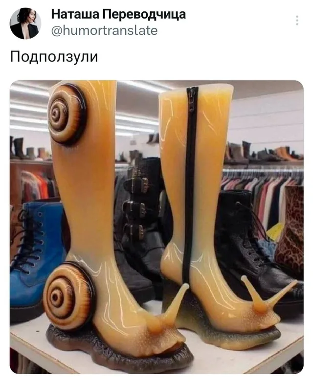 Сапоги стоят на полке в магазине обуви среди других моделей.