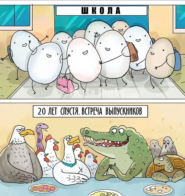 Персонажи стоят группой в школе, затем сидят за столом на встрече выпускников.