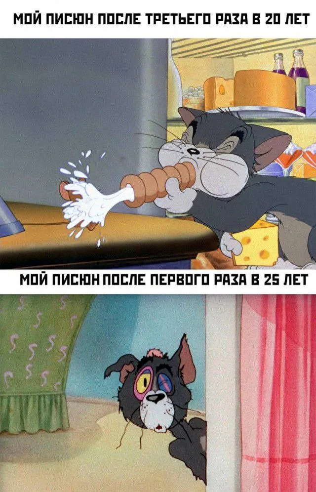 Сравнение двух состояний персонажа: в первом случае он полон сил и энергии, во втором — выглядит изможденным и пострадавшим. — Том из мультф