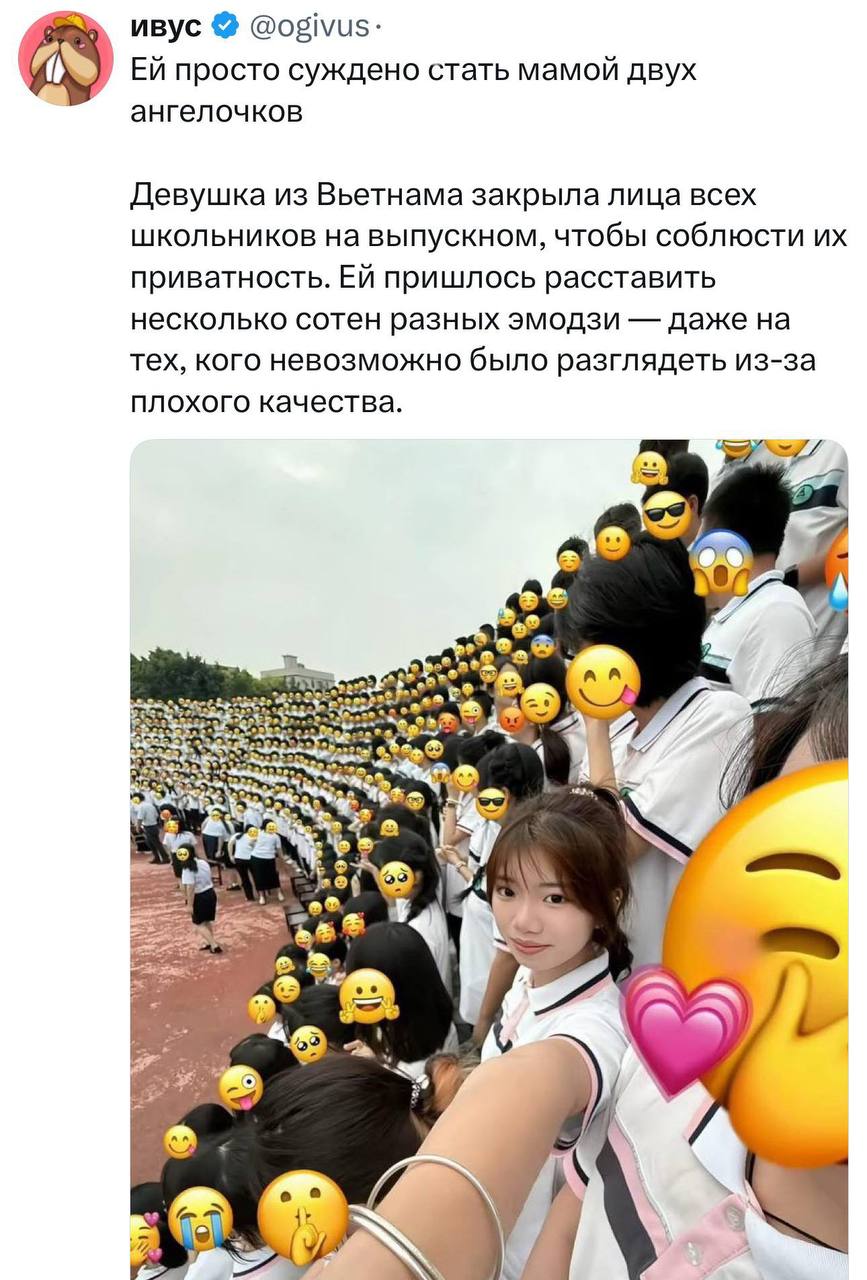 Девушка закрыла лица всех школьников эмодзи