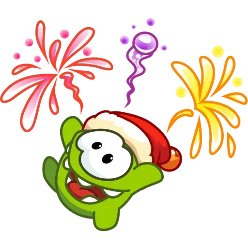 Зеленый монстр Om Nom в красной шапке Санты широко улыбается на фоне разноцветных фейерверков