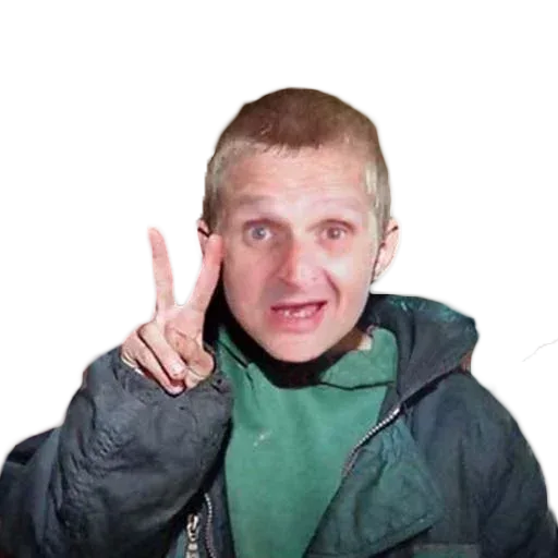 Персонаж смотрит прямо в камеру и держит руку с поднятыми указательным и средним пальцами возле лица. — Мопс дядя Пёс, мужчина с короткой ст