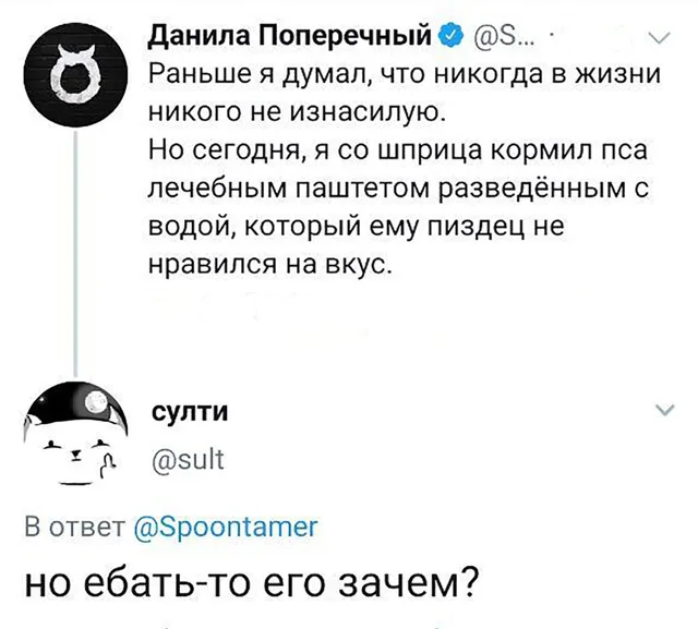 Текст твита с описанием кормления собаки из шприца и ироничный уточняющий вопрос в ответе. — Данила Поперечный, пользователь с ником султи
