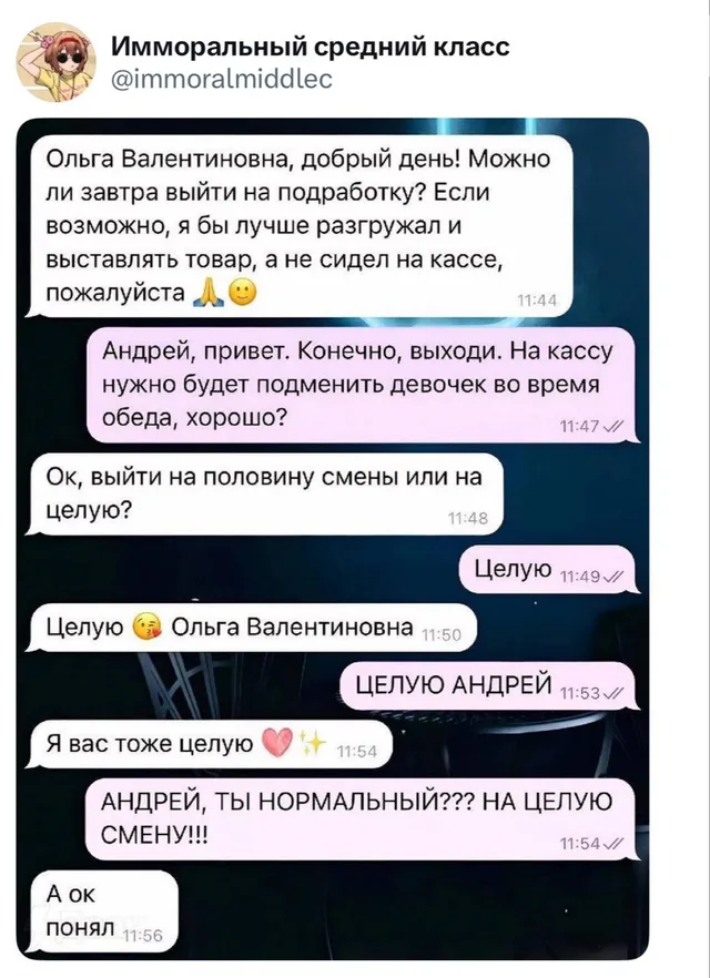 Переписка с начальницей про целую смену
