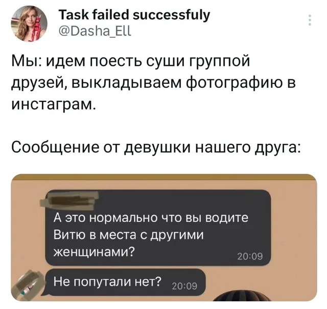 Статичное изображение, демонстрирующее переписку. — автор поста @Dasha_Ell, девушка Вити (автор сообщения)