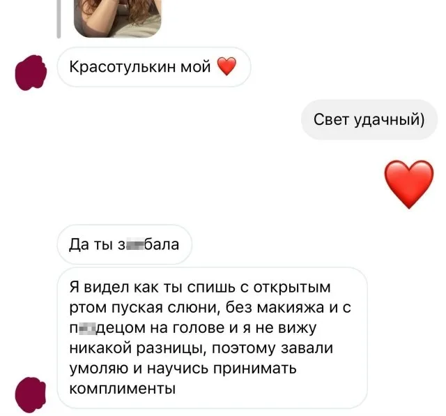 Текстовая переписка: сообщение с комплиментом, ответ с ироничным замечанием про свет, затем длинное сообщение с грубым «признанием в любви».