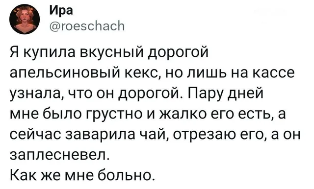 Скриншот твита с текстом о грустной истории с кексом — Ира (автор поста)