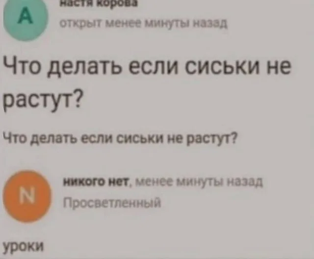 Текст вопроса повторяется дважды, под ним следует короткий ответ — автор поста с ником «настя корова», автор ответа с ником «никого нет»
