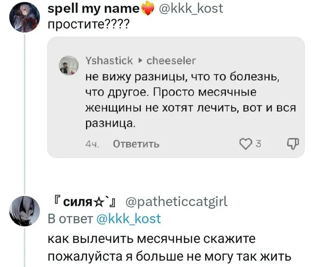 Статичное изображение переписки, где пользователь @patheticcatgirl отвечает на комментарий @kkk_kost. — автор комментария @kkk_kost, автор к
