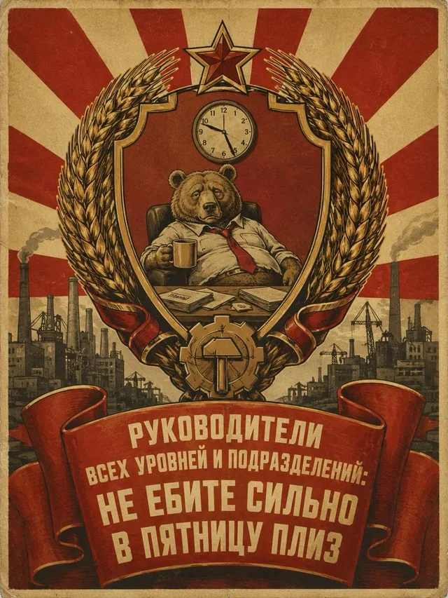 Медведь сидит в кресле за рабочим столом, держа кружку кофе на фоне индустриального пейзажа с трубами заводов. — уставший медведь в офисной 