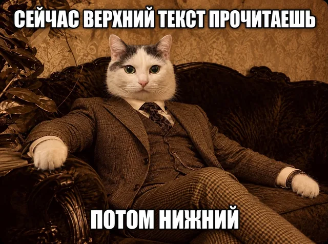 Кот сидит неподвижно в кресле, побуждая читателя последовательно прочитать текст сверху вниз — кот в костюме