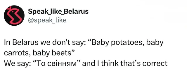 Скриншот твита от аккаунта Speak_like_Belarus, в котором сравнивается английское название мелких овощей с белорусским подходом к их использо